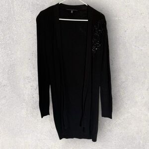 White House Black Market long cardigan sweater black floral beading Size XS